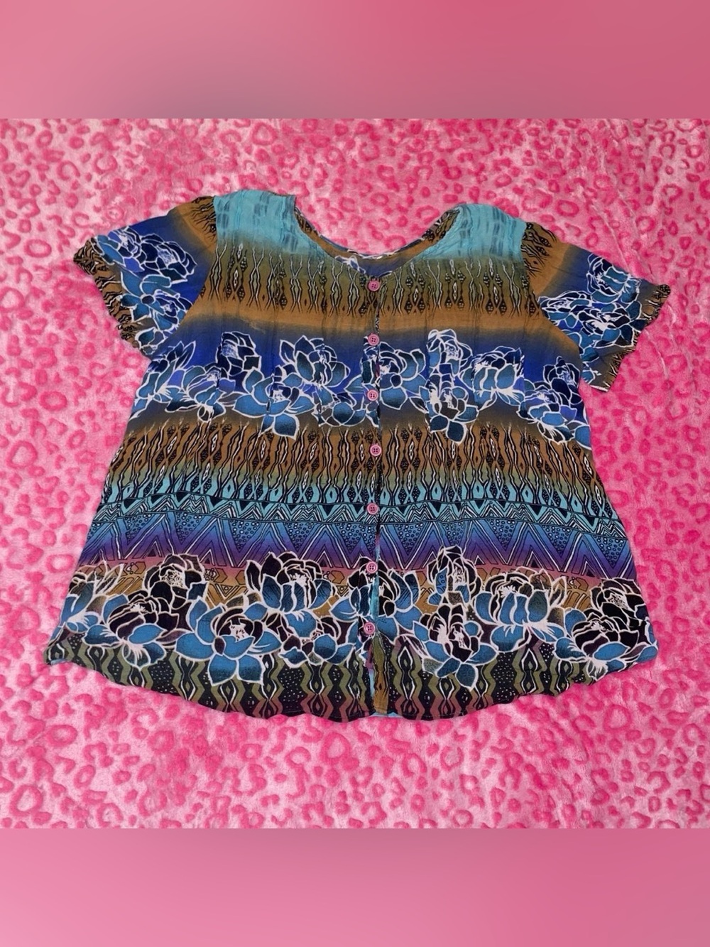 vintage 90s/y2k Roaman’s multicolor floral + geometric tie dye blouse